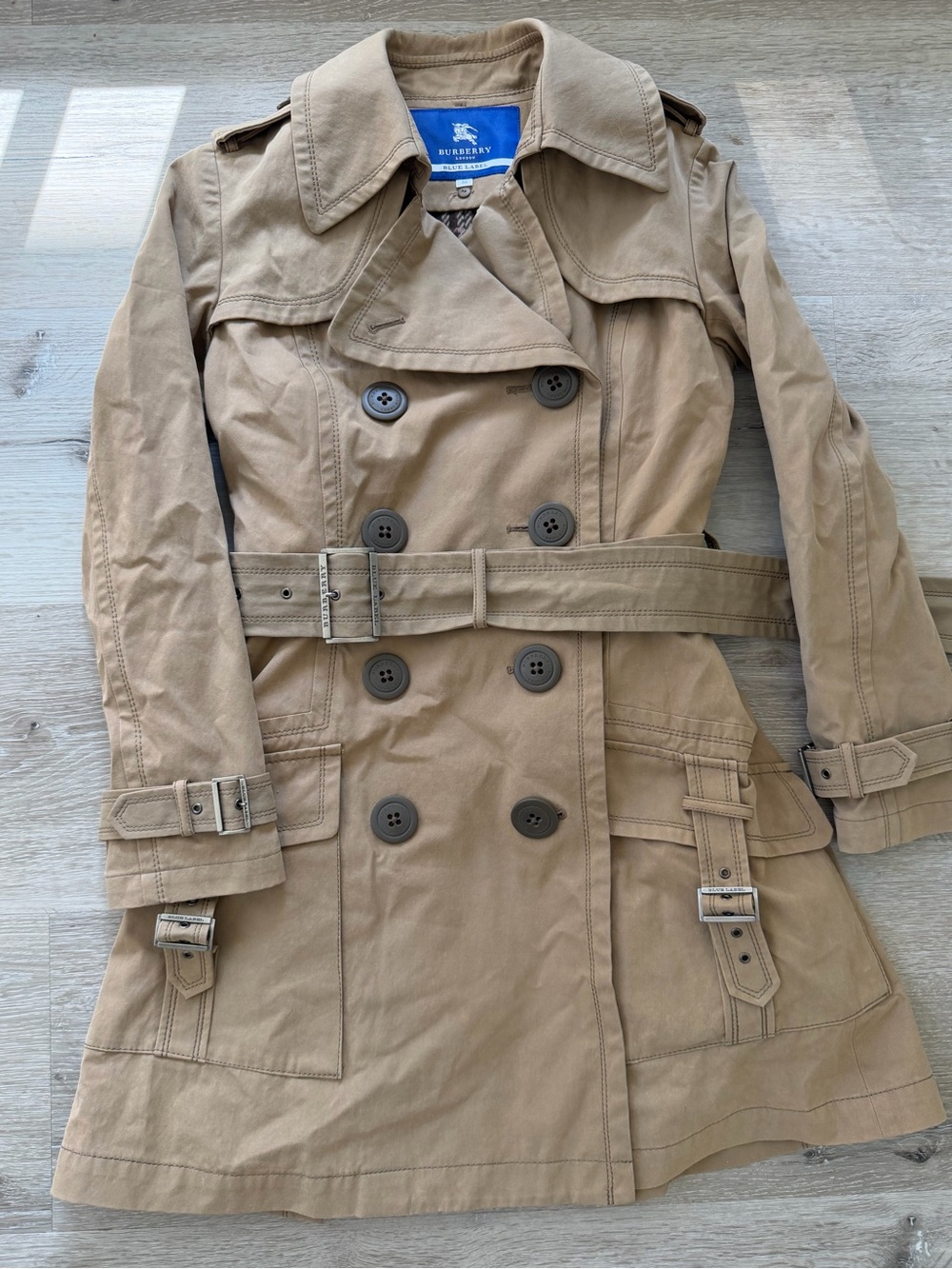 Burberry London Blue Label Trench Coat Wool Plaid Liner Belted Size 38